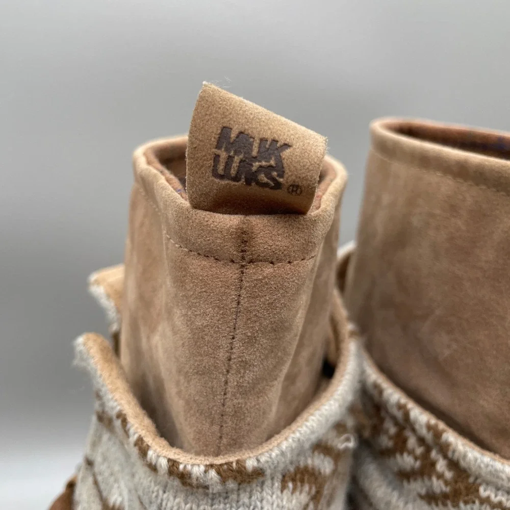 Muk Luks Sweater Knit Booties Womens Size 7 Tan Faux Suede Fold-Over Boho Buckle